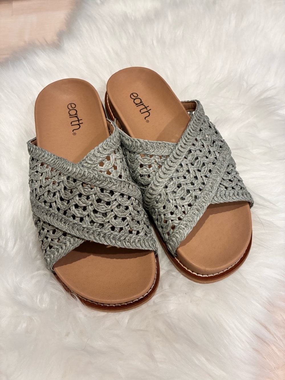 Earth Light Gray Crochet Crossover Slide Sandals